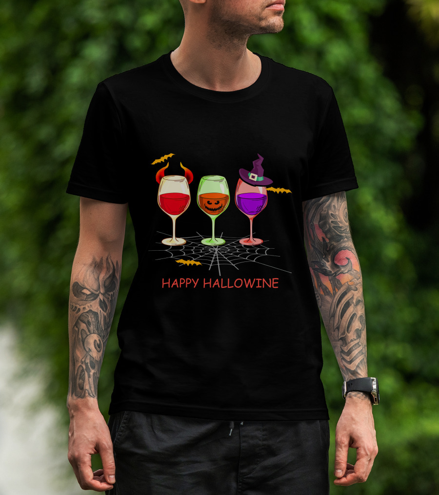 Happy Hallowine Wine Glasses Halloween Witch Hat Jack O'Lantern T-Shirt