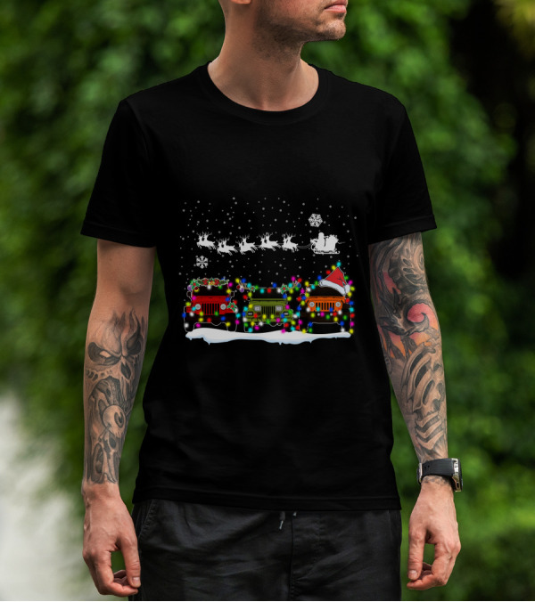 Christmas Jeep Lights With Santa Sleigh And Snowflakes T-Shirt
