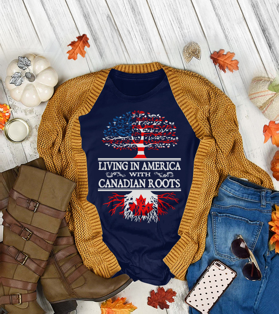 Living in America with Canadian Roots Tree Flag T-Shirt