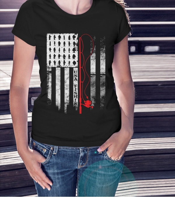 USA Fishing Flag Red Fishing Rod T-Shirt