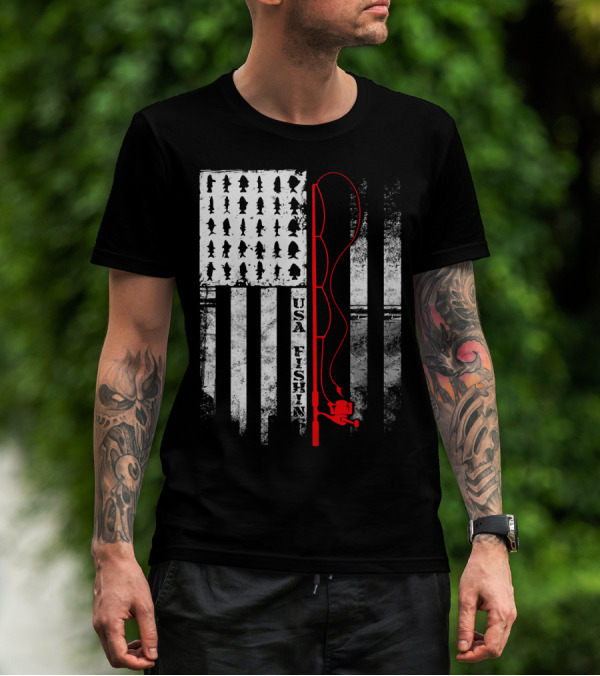 USA Fishing Flag Red Fishing Rod T-Shirt