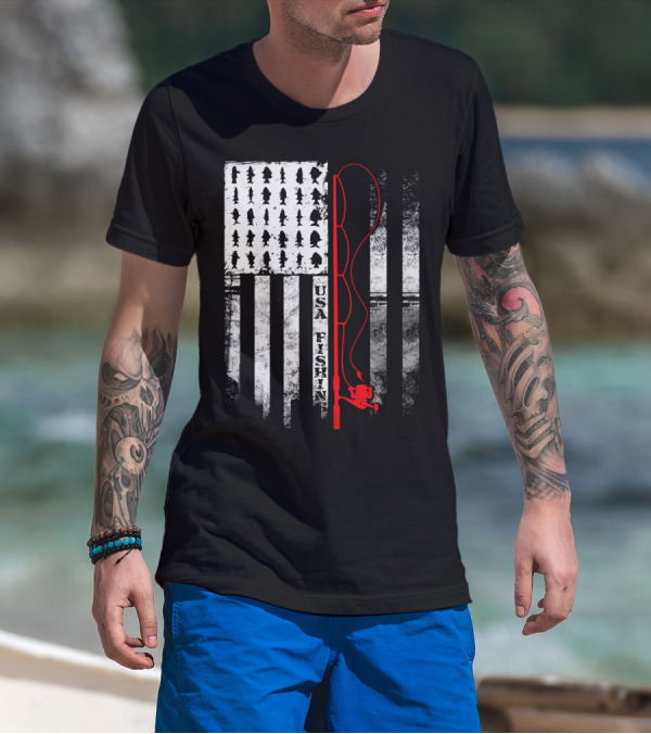 USA Fishing Flag Red Fishing Rod T-Shirt