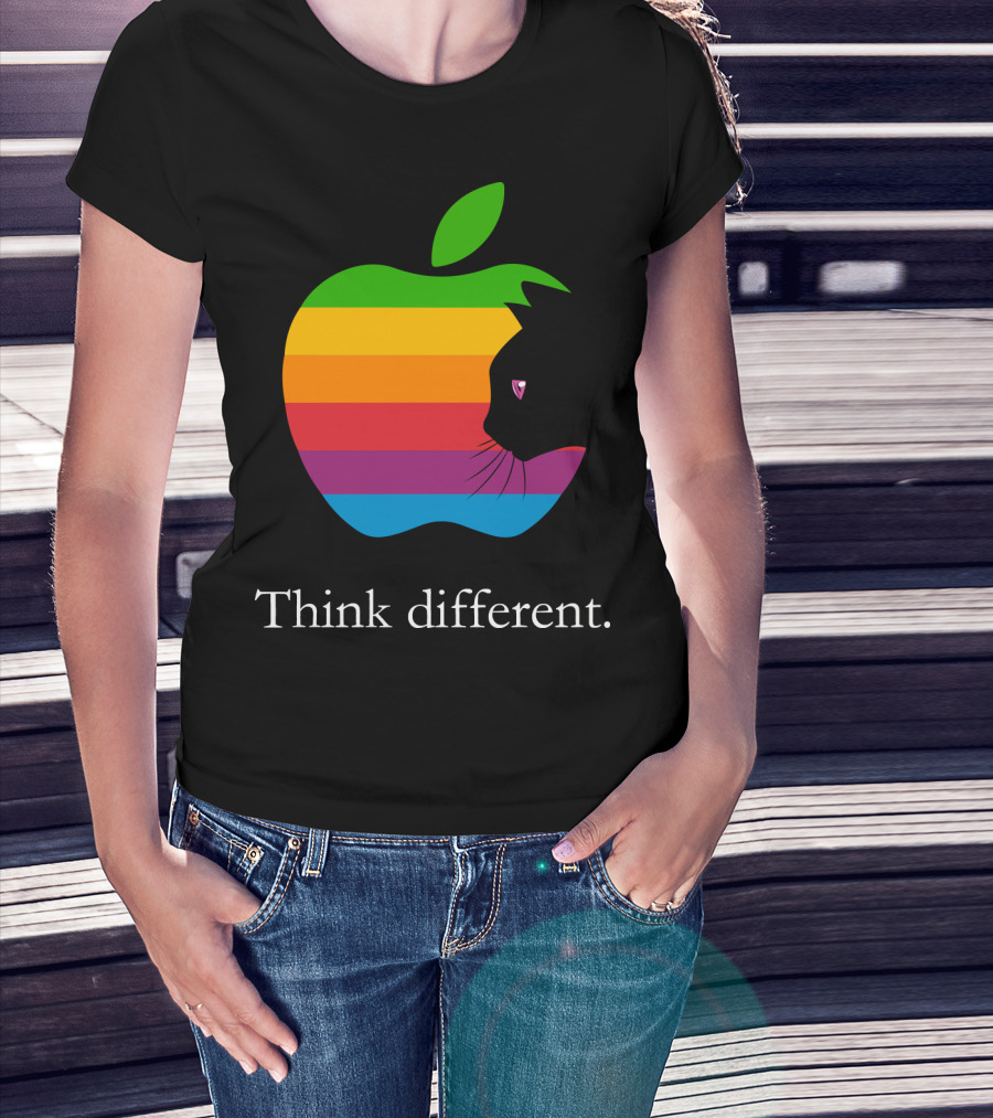 Think Different Apple Logo Rainbow Cat Face T-Shirt