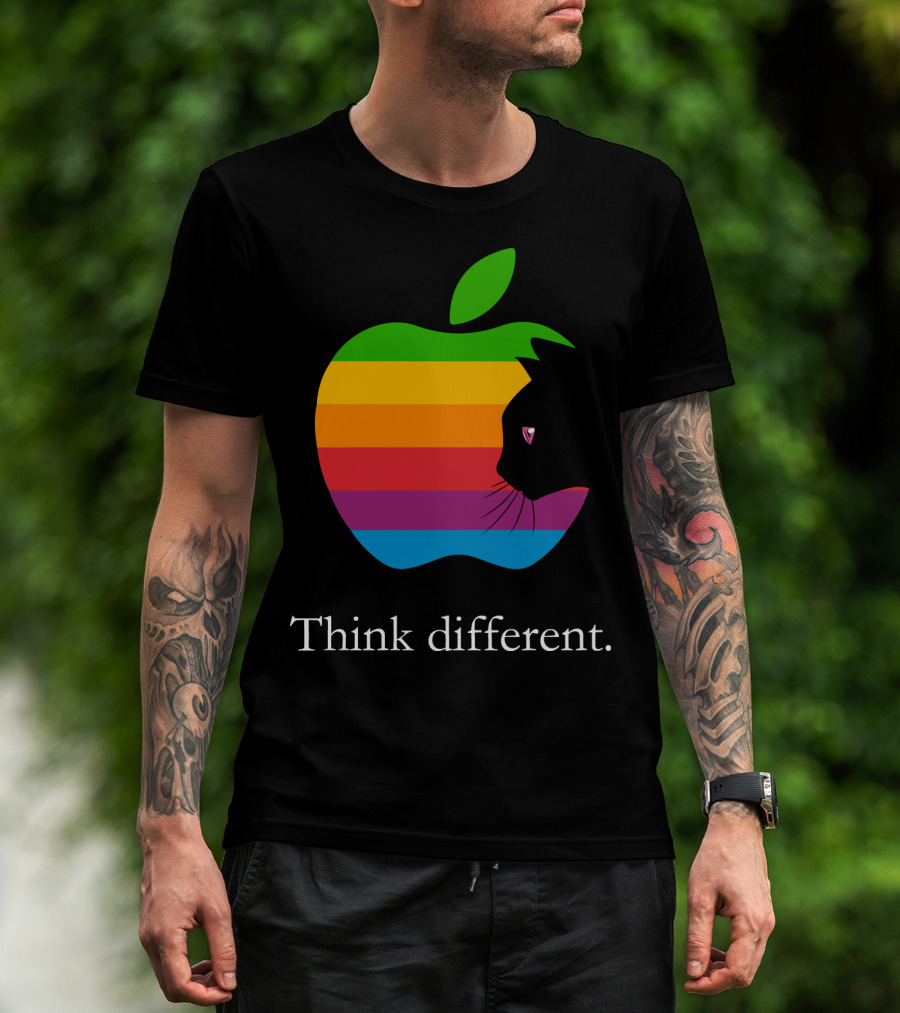 Think Different Apple Logo Rainbow Cat Face T-Shirt