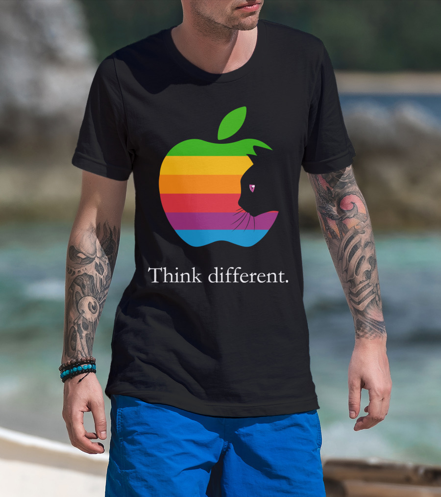 Think Different Apple Logo Rainbow Cat Face T-Shirt