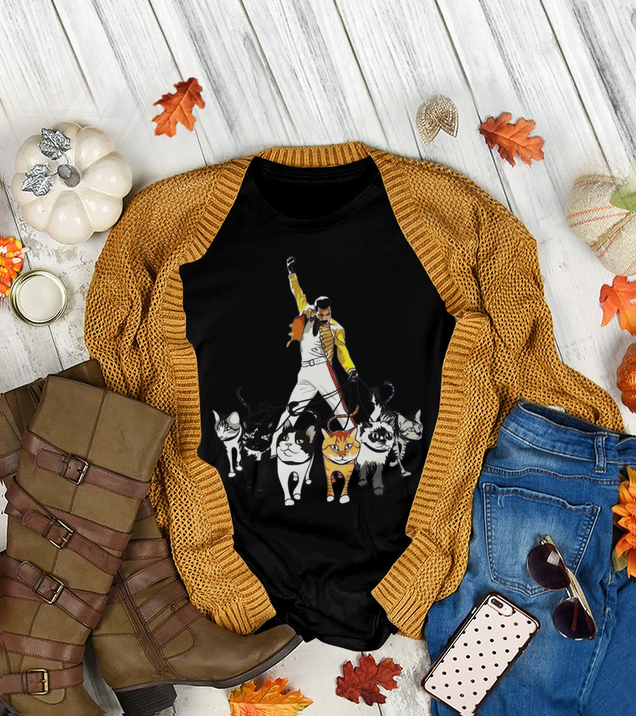 Freddie Cats Iconic Pose with Cats on Leashes T-Shirt