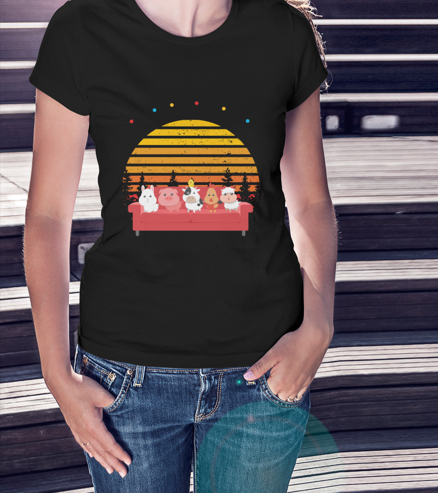 Friends Not Food Animal Characters On Red Couch With Sunset Background T-Shirt