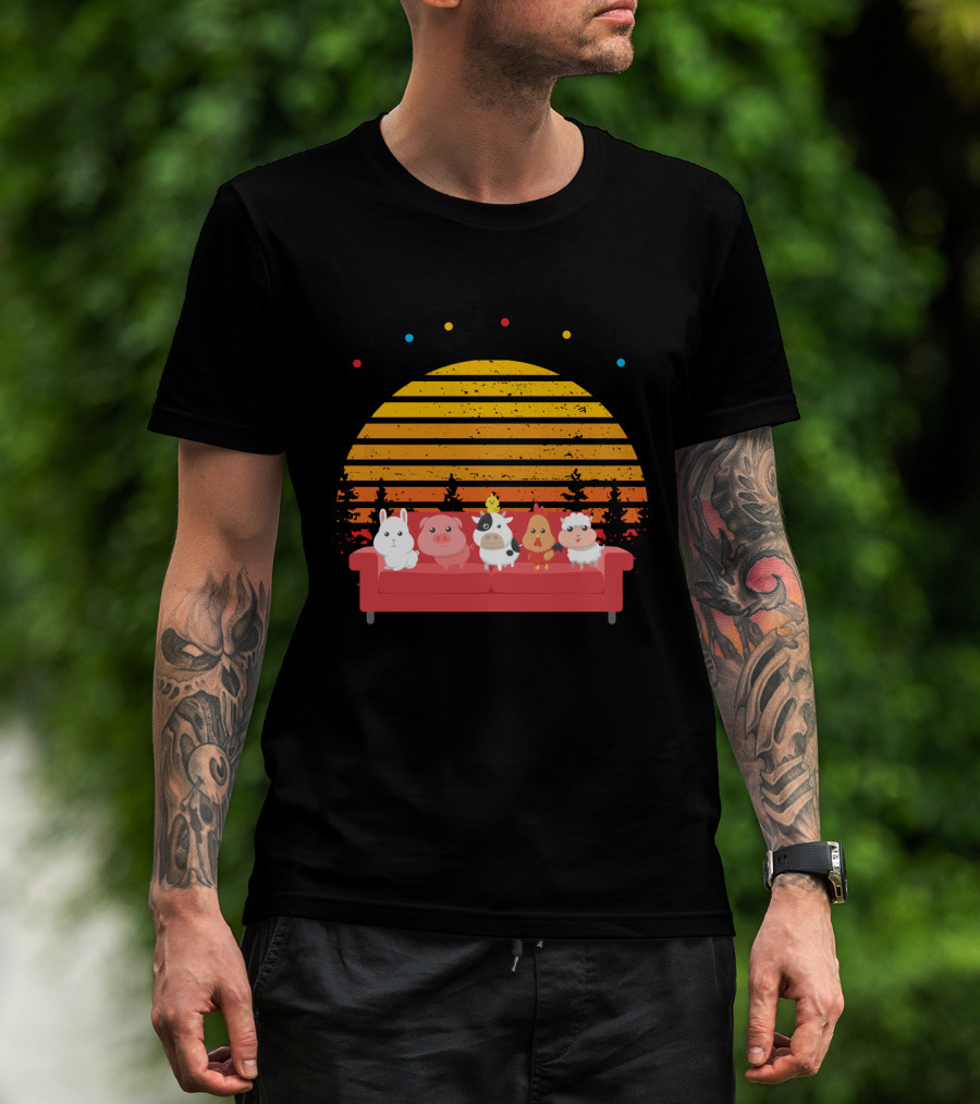Friends Not Food Animal Characters On Red Couch With Sunset Background T-Shirt