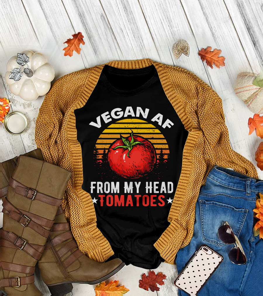 VEGAN AF FROM MY HEAD TOMATOES Retro Sunset Tomato Veggie Joke T-Shirt
