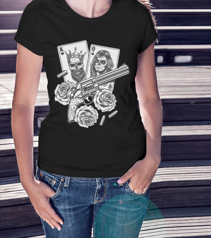 Hippie V Dead Rainbow Bertha Tie Dye King Queen Playing Cards Skulls Gun Roses Bullets T-Shirt
