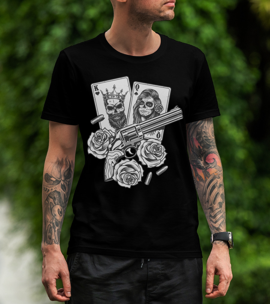 Hippie V Dead Rainbow Bertha Tie Dye King Queen Playing Cards Skulls Gun Roses Bullets T-Shirt