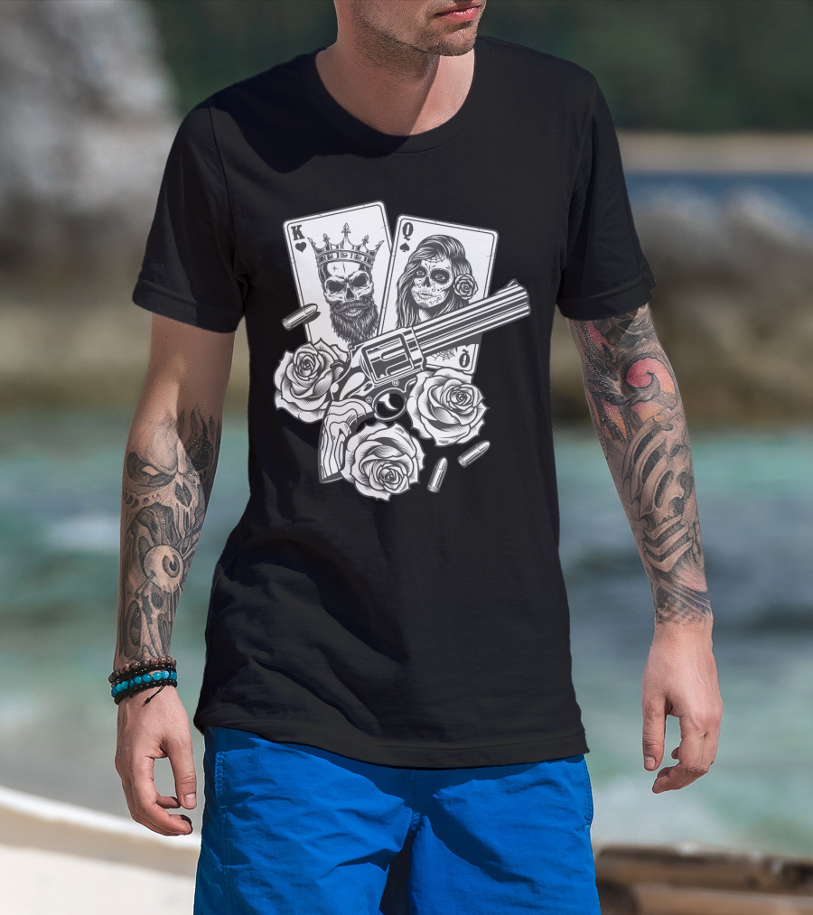 Hippie V Dead Rainbow Bertha Tie Dye King Queen Playing Cards Skulls Gun Roses Bullets T-Shirt