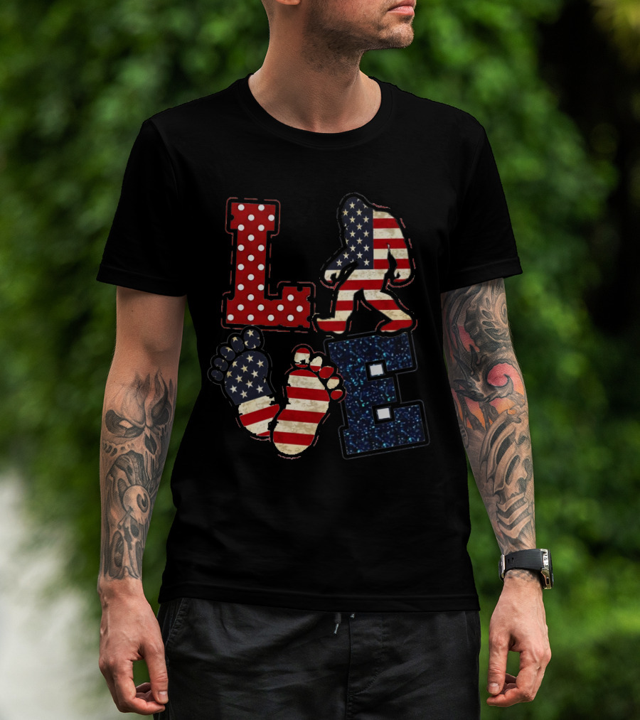 Patriotic Bigfoot Love American Flag T-Shirt