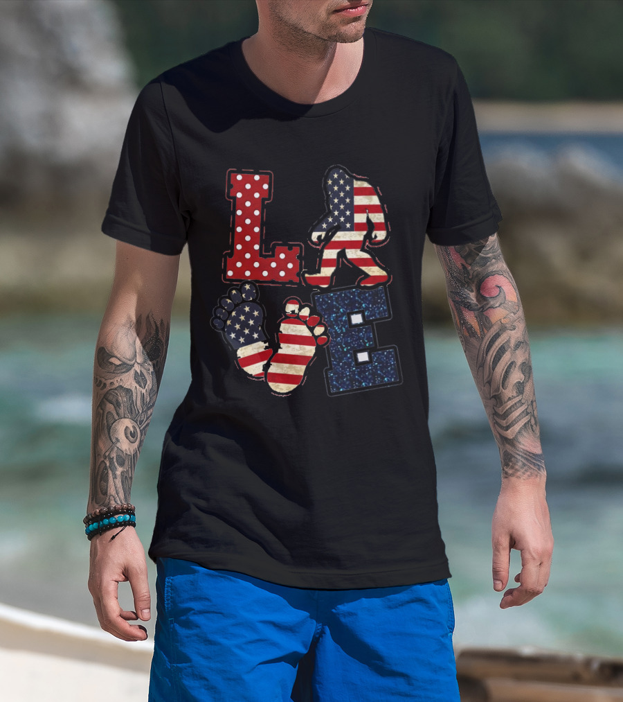 Patriotic Bigfoot Love American Flag T-Shirt