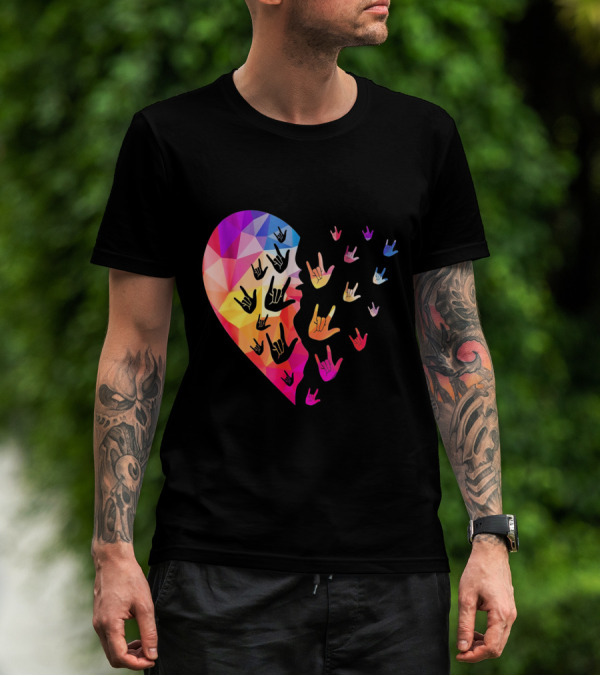 Broken Geometric Heart With Colorful Sign Language Hands T-Shirt