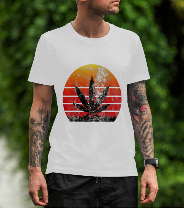 Vintage Sunset Marijuana Weed Leaf T-Shirt