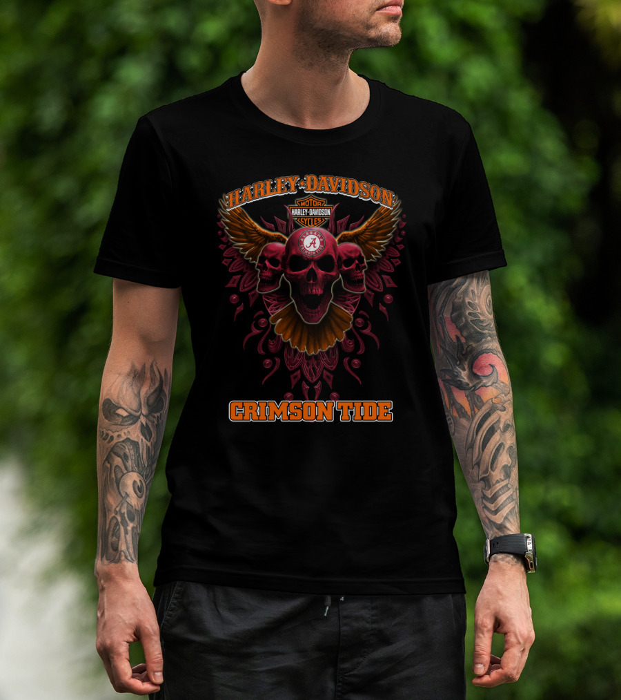 Harley Davidson Crimson Tide Alabama Skull Wings Ncaa T-Shirt