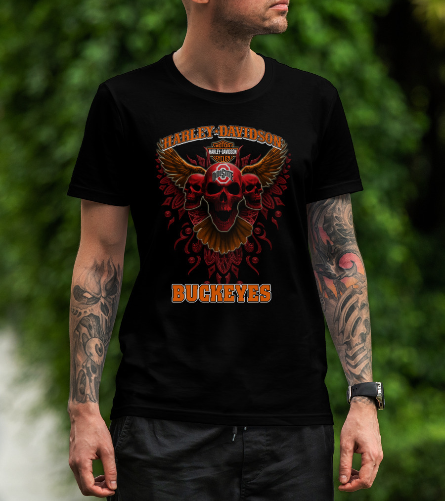 Harley Davidson Ohio State Buckeyes Motorcycles Wings Skulls T-Shirt