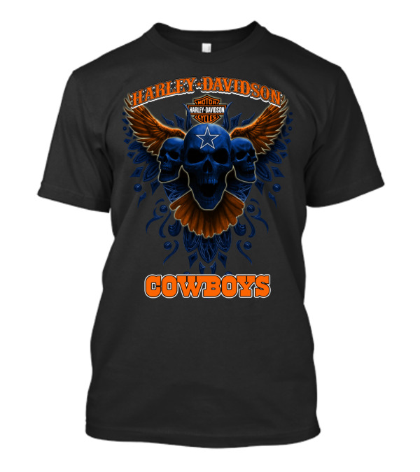Harley Davidson Cowboys Motor Cycles Star Skull Wings T-Shirt