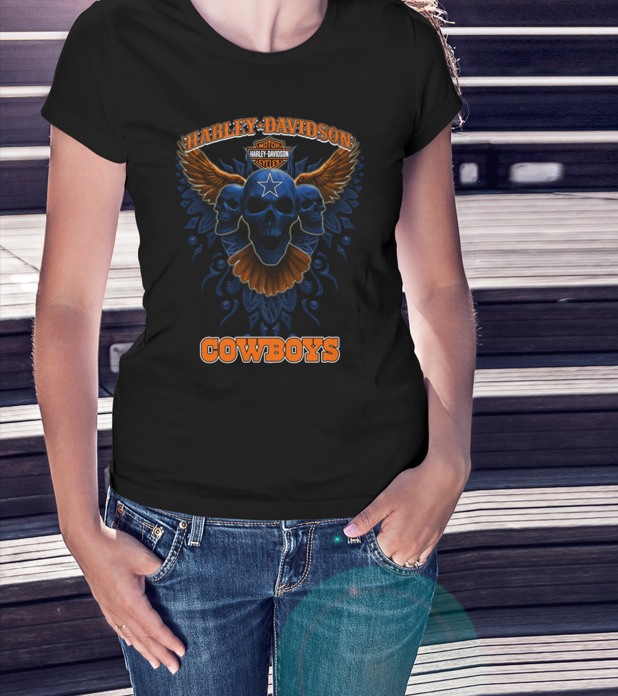 Harley Davidson Cowboys Motor Cycles Star Skull Wings T-Shirt
