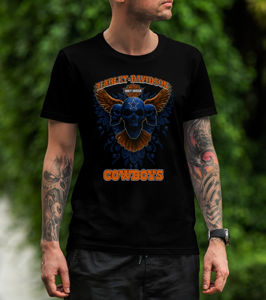 Harley Davidson Cowboys Motor Cycles Star Skull Wings T-Shirt