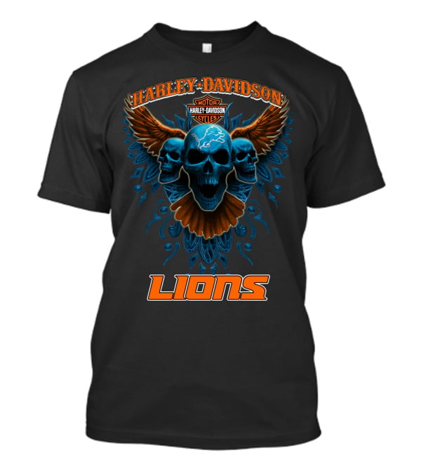 Harley Davidson Motor Cycles Detroit Lions Skulls Wings T-Shirt