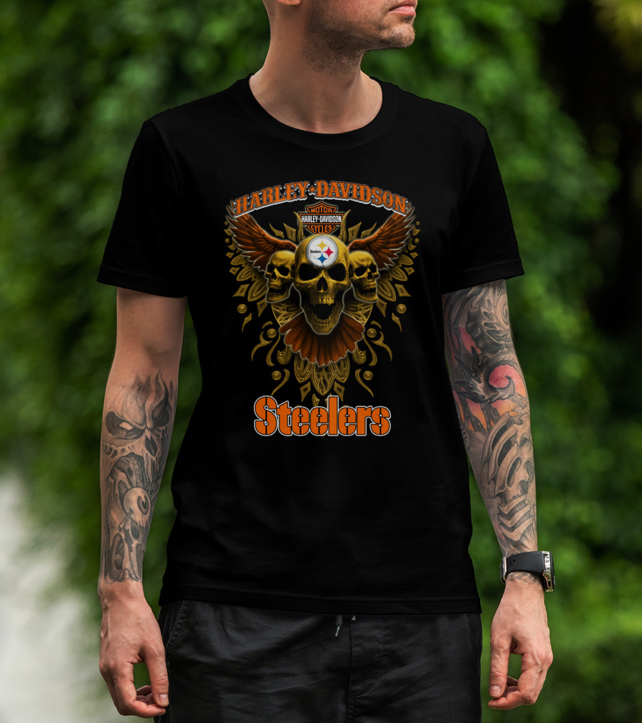 Harley Davidson Steelers Motor Cycles Skulls Wings T-Shirt
