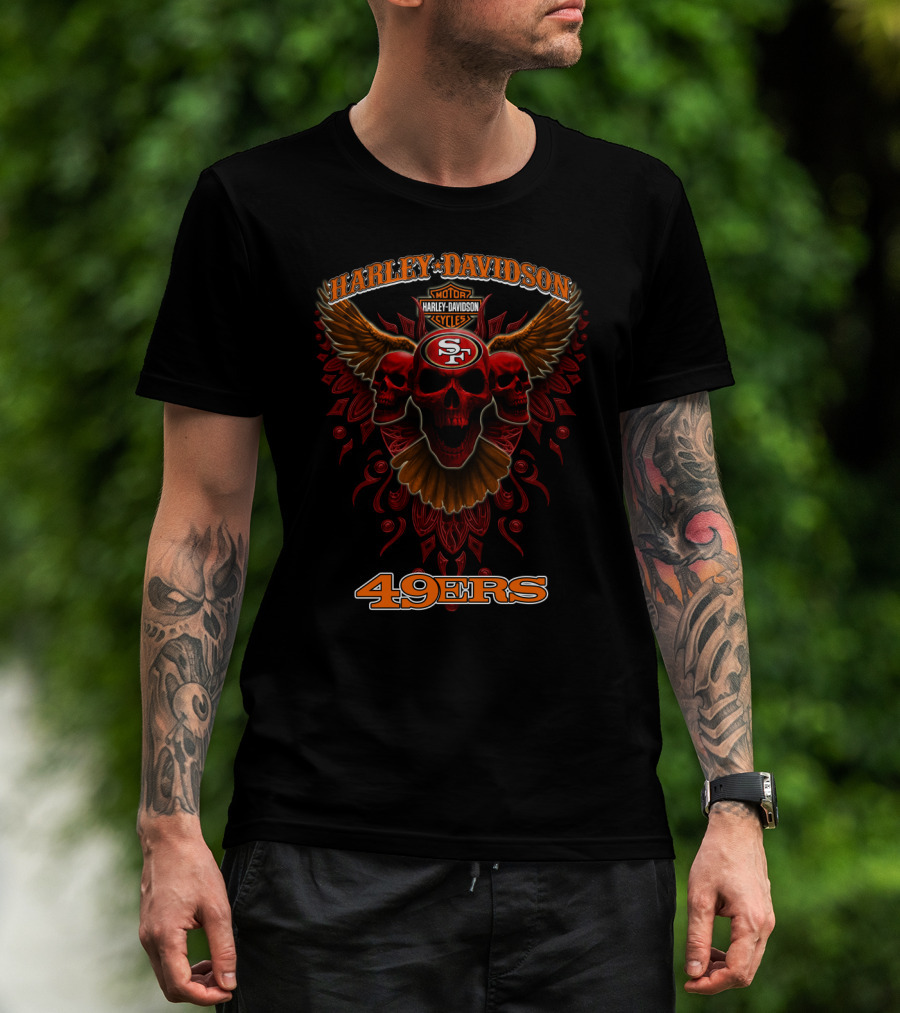 Harley Davidson Motor Cycles Sf 49ers Skulls Wings T-Shirt