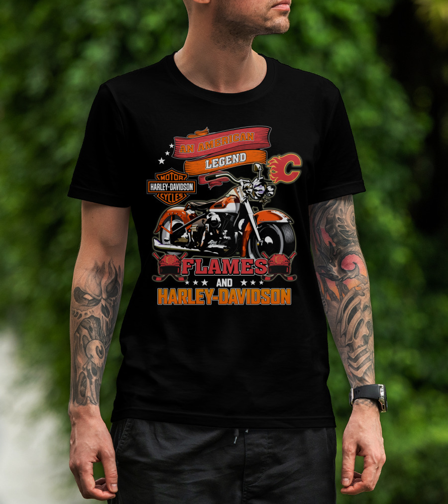An American Legend Flames And Harley Davidson Calgary Nhl T-Shirt