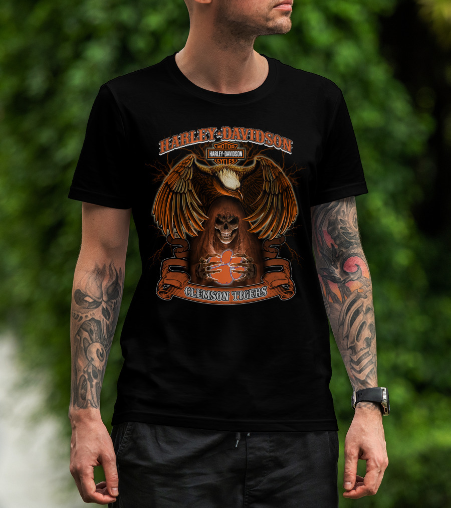 Harley Davidson Motorcycles Clemson Tigers Eagle Skeleton T-Shirt