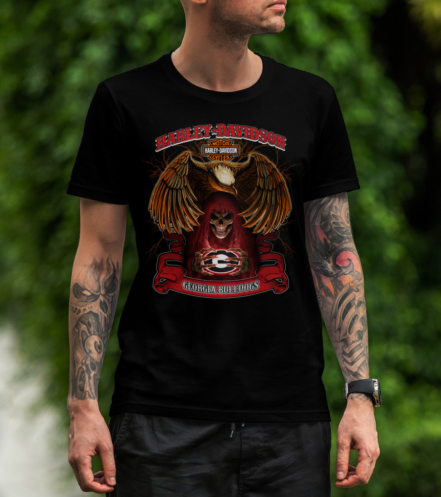 Harley Davidson Georgia Bulldogs Skull And Eagle Motorcycles T-Shirt