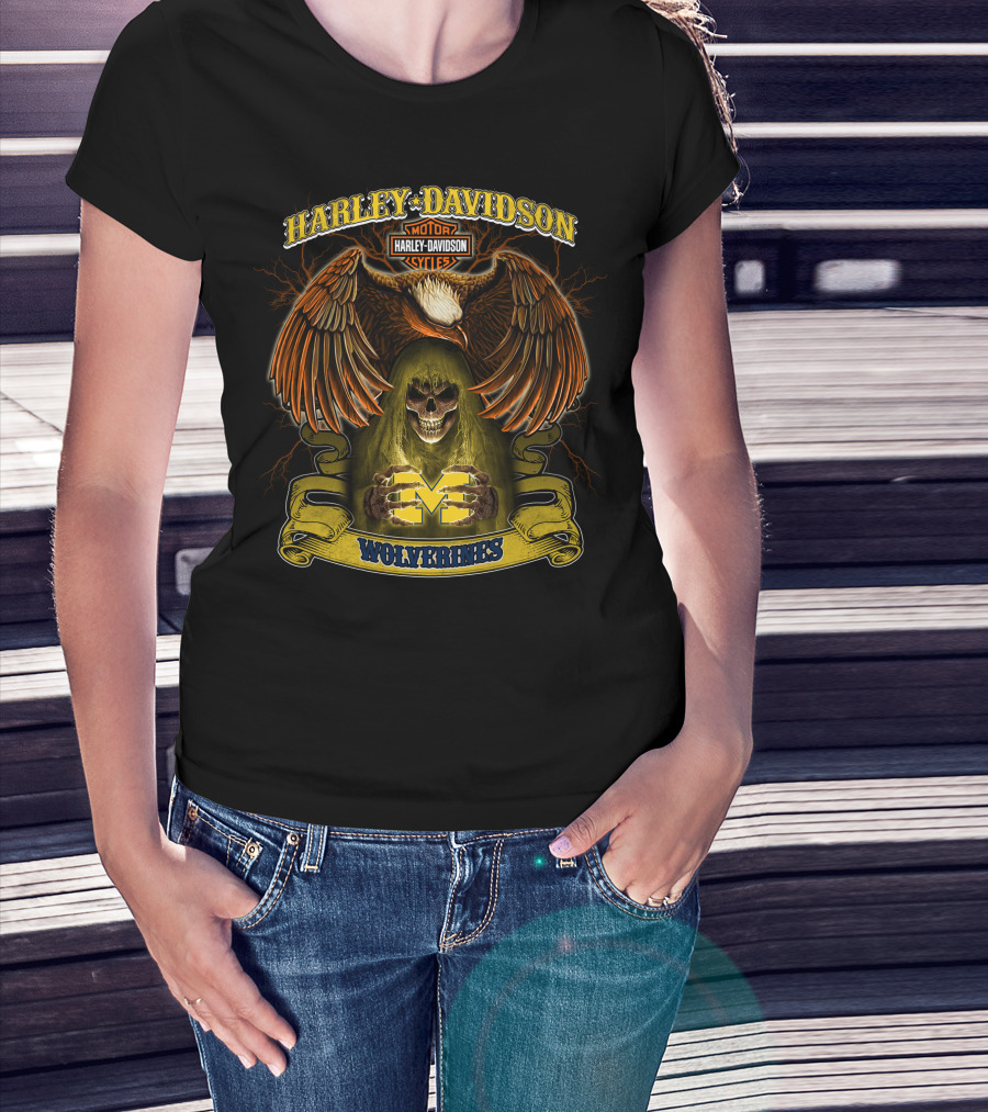 Harley Davidson Motorcycles Michigan Wolverines Ncaa Skull Eagle T-Shirt