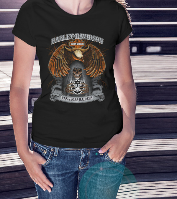 Harley Davidson Motorcycles Las Vegas Raiders Skull Eagle Nfl T-Shirt
