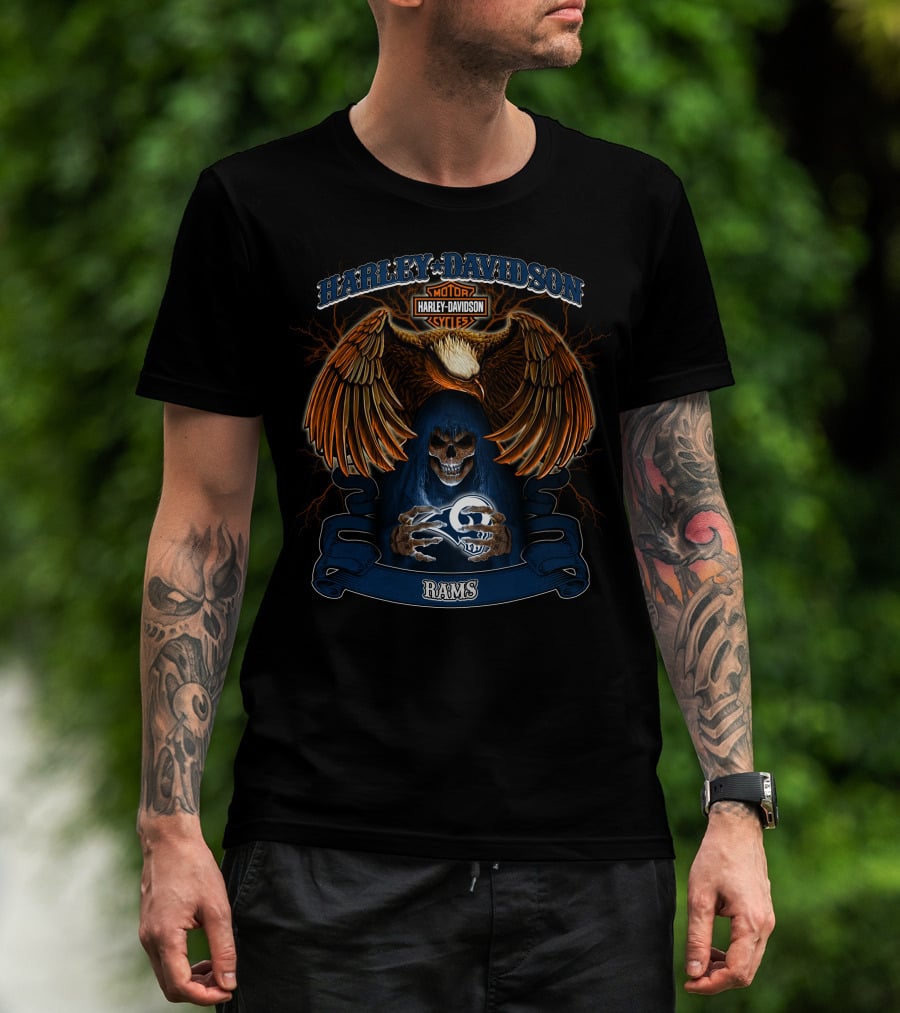 Harley Davidson Motorcycles Eagle Skull Nfl Rams T-Shirt