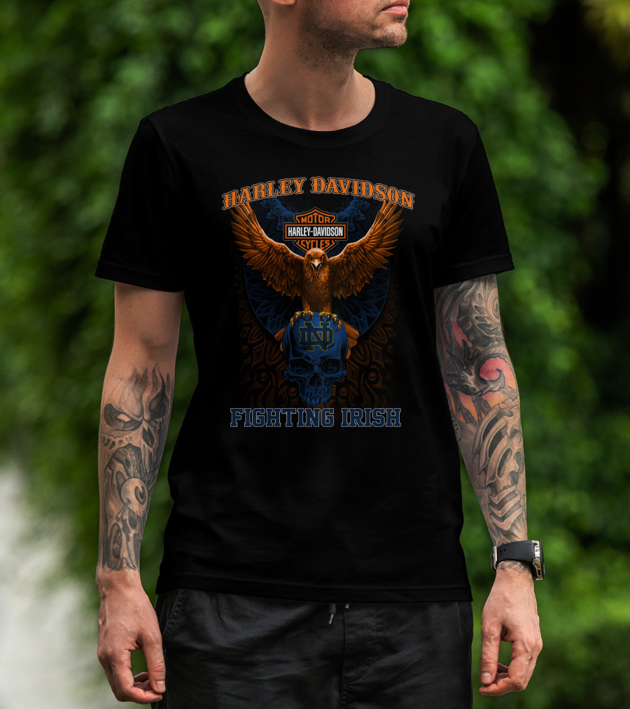 Harley Davidson Motor Cycles Eagle Notre Dame Fighting Irish Skull T-Shirt