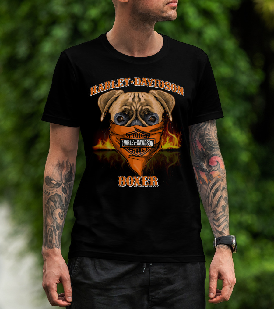Harley Davidson Motorcycles Boxer Dog In Bandana With Flames T-Shirt