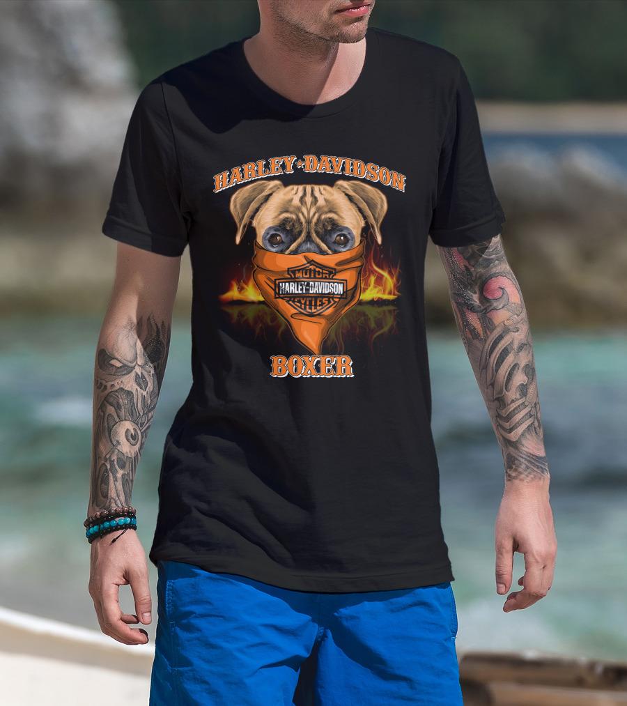 Harley Davidson Motorcycles Boxer Dog In Bandana With Flames T-Shirt