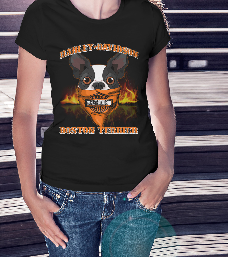 Harley Davidson Boston Terrier Motorcycles Flame T-Shirt