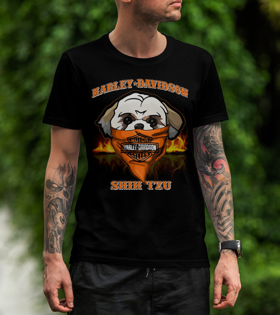Harley Davidson Shih Tzu Motorcycle Bandana Flames T-Shirt