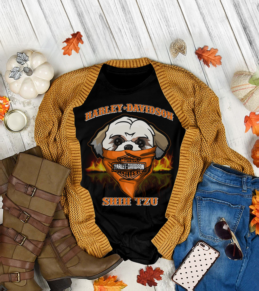 Harley Davidson Shih Tzu Motorcycle Bandana Flames T-Shirt