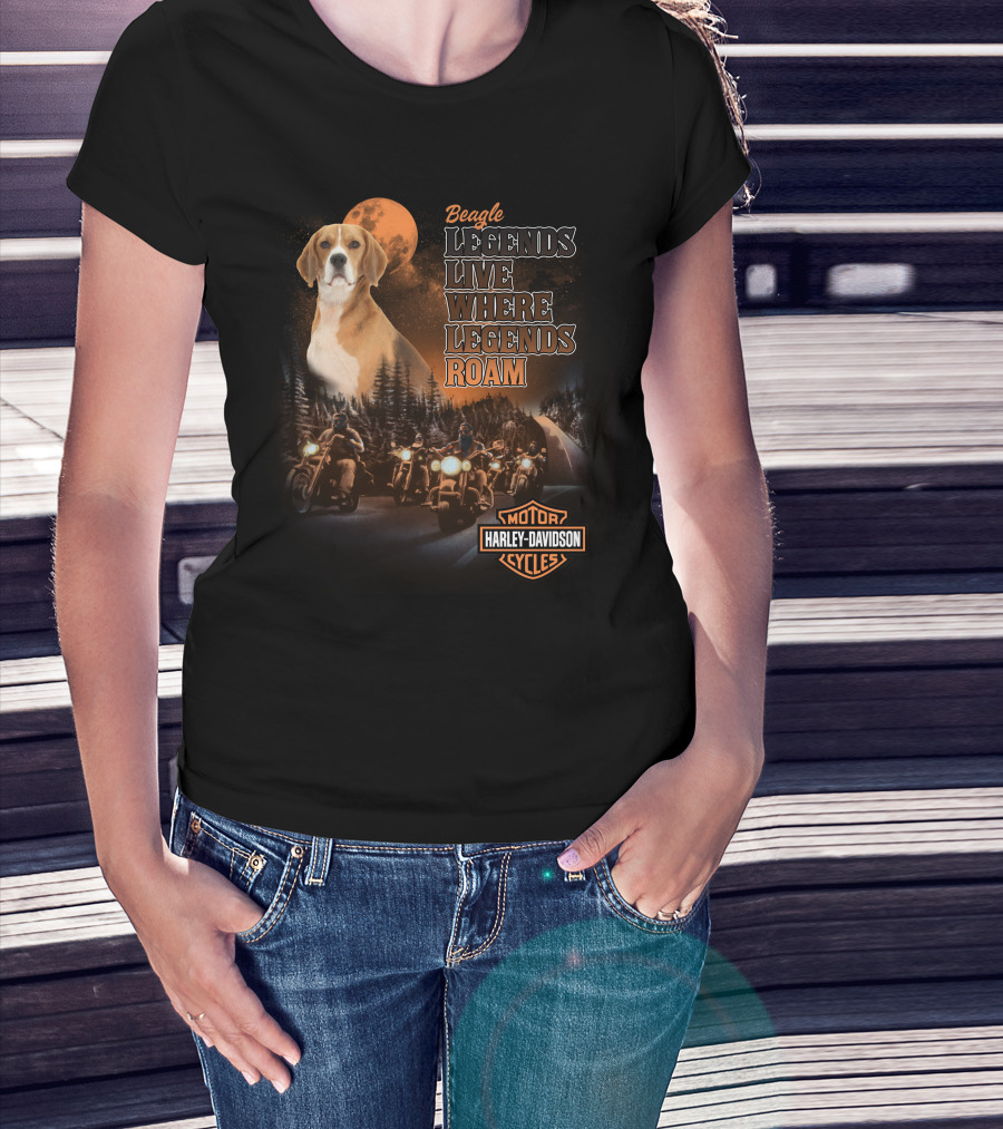 Beagle Legends Live Where Legends Roam Harley Davidson Cycles Moonlit Night T-Shirt