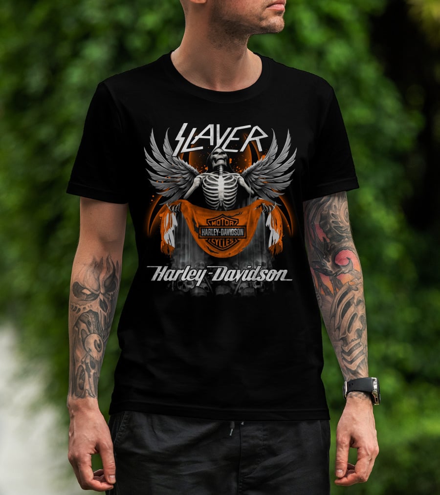 Slayer Harley Davidson Motorcycles Skeleton With Angel Wings T-Shirt