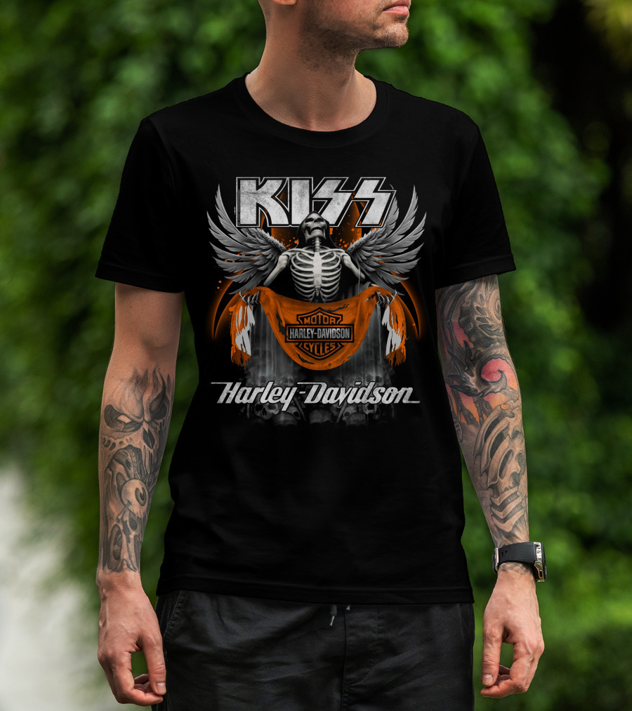 Kiss Harley Davidson Skeleton Wings Motorcycle Banner T-Shirt