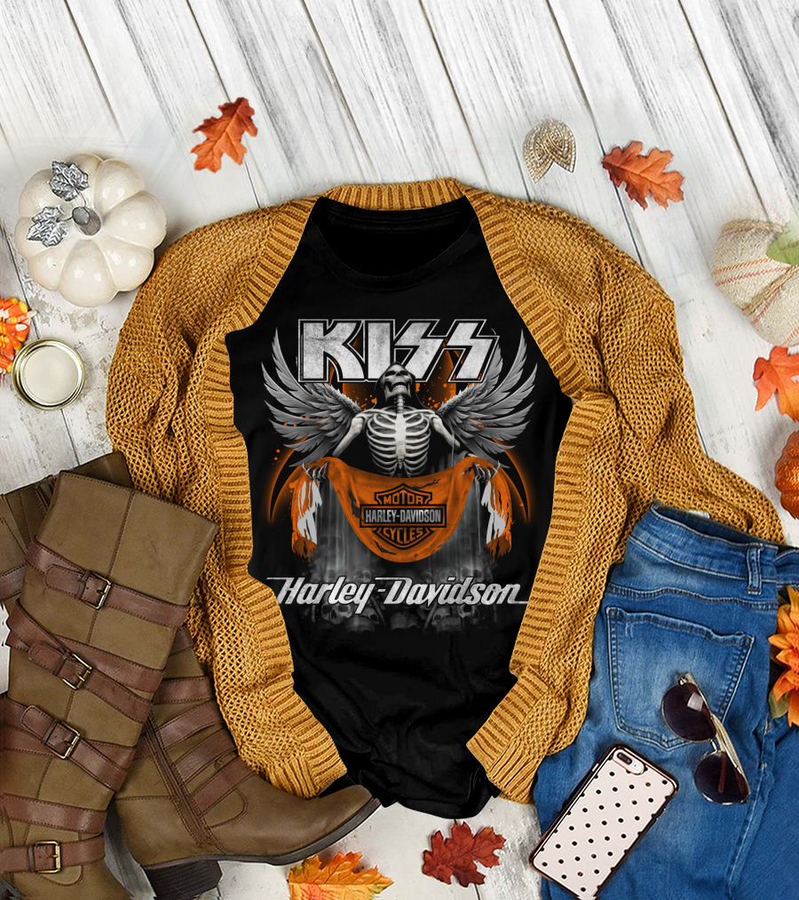 Kiss Harley Davidson Skeleton Wings Motorcycle Banner T-Shirt