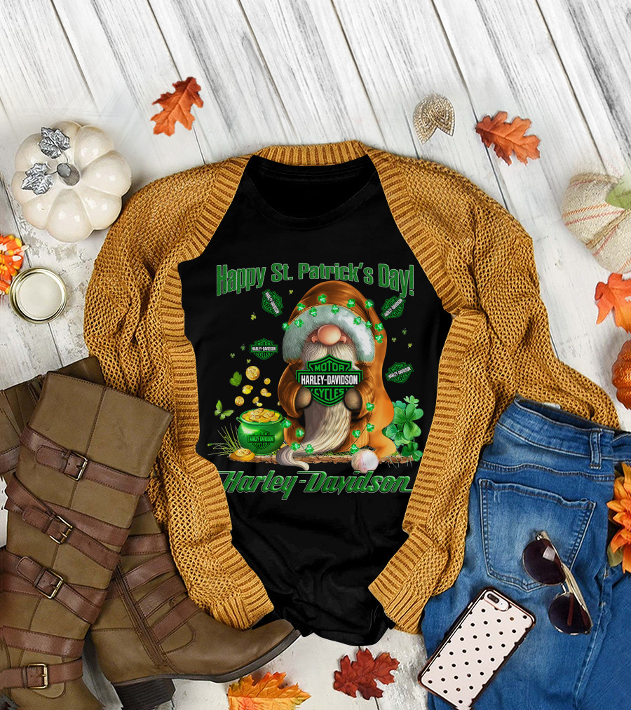Happy St. Patrick's Day Harley Davidson Motorcycles Leprechaun Coin Clover T-Shirt
