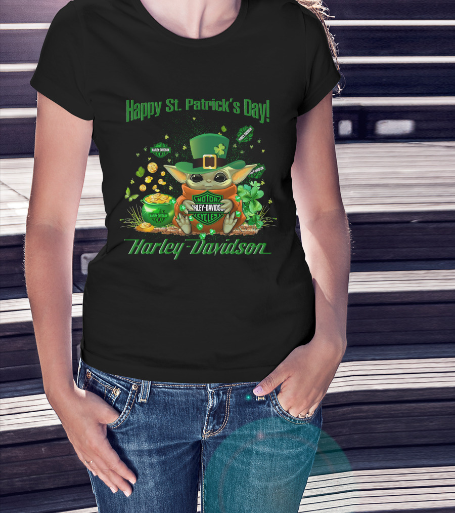 Happy St. Patrick's Day Baby Yoda Harley Davidson T-Shirt