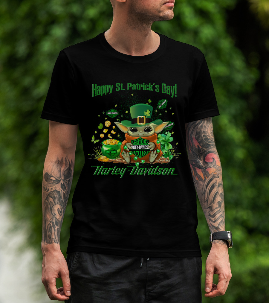 Happy St. Patrick's Day Baby Yoda Harley Davidson T-Shirt