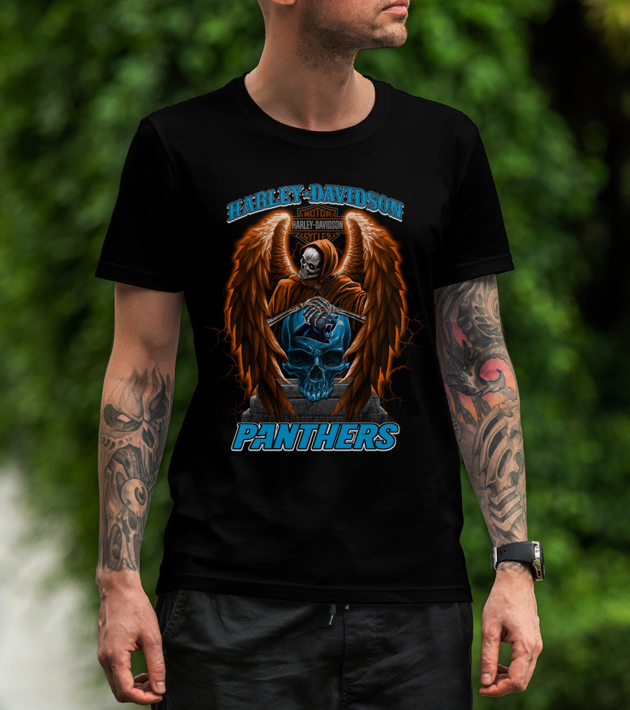 Harley Davidson Motor Cycles Panthers Winged Skeleton Skull T-Shirt