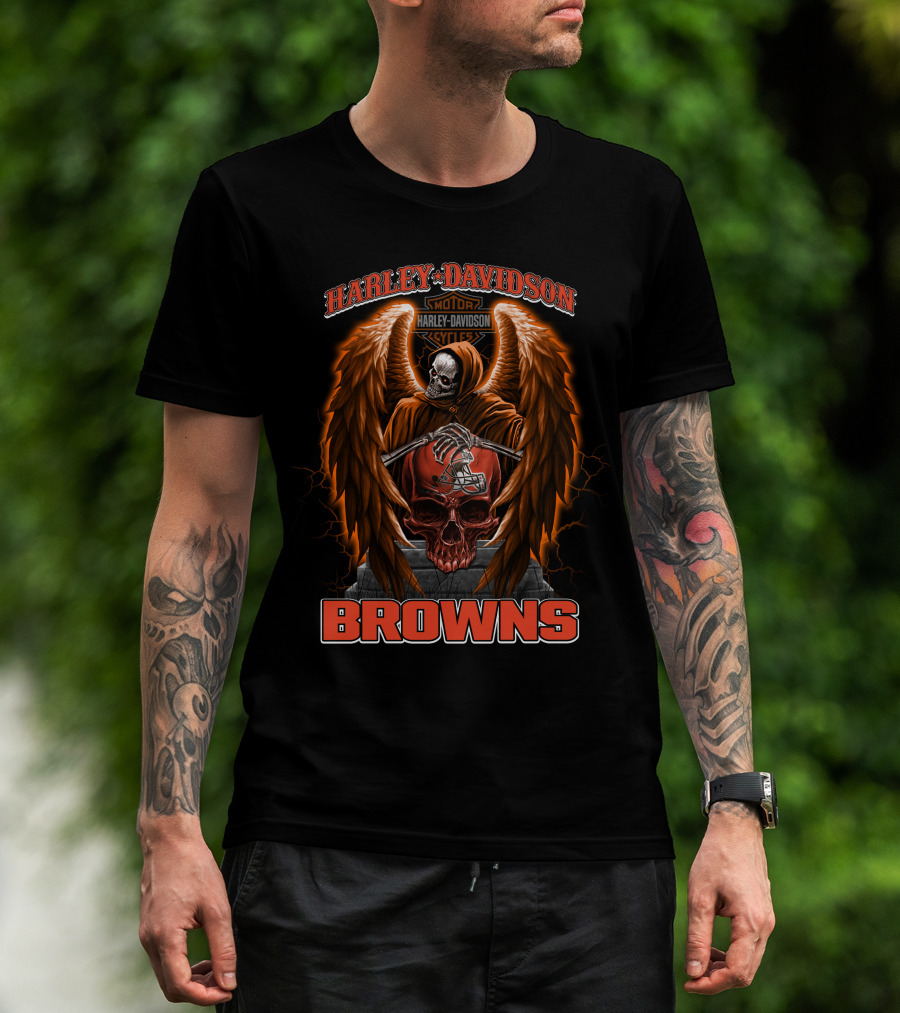 Harley Davidson Motorcycles Cleveland Browns Skull Angel Wings Nfl T-Shirt