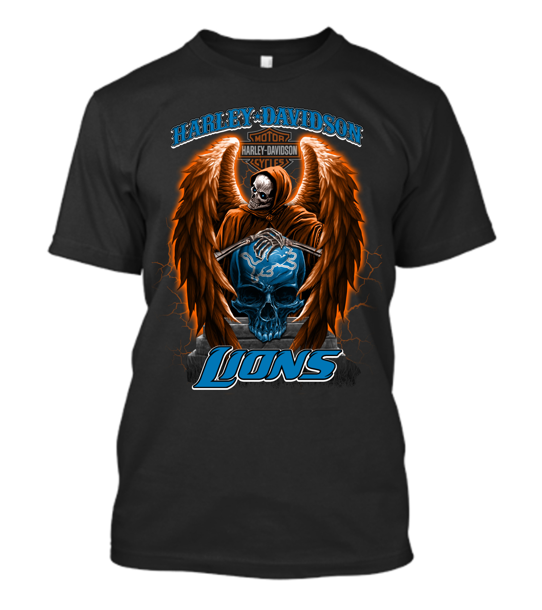 Harley Davidson Motorcycles Detroit Lions Skull With Angel Wings T-Shirt
